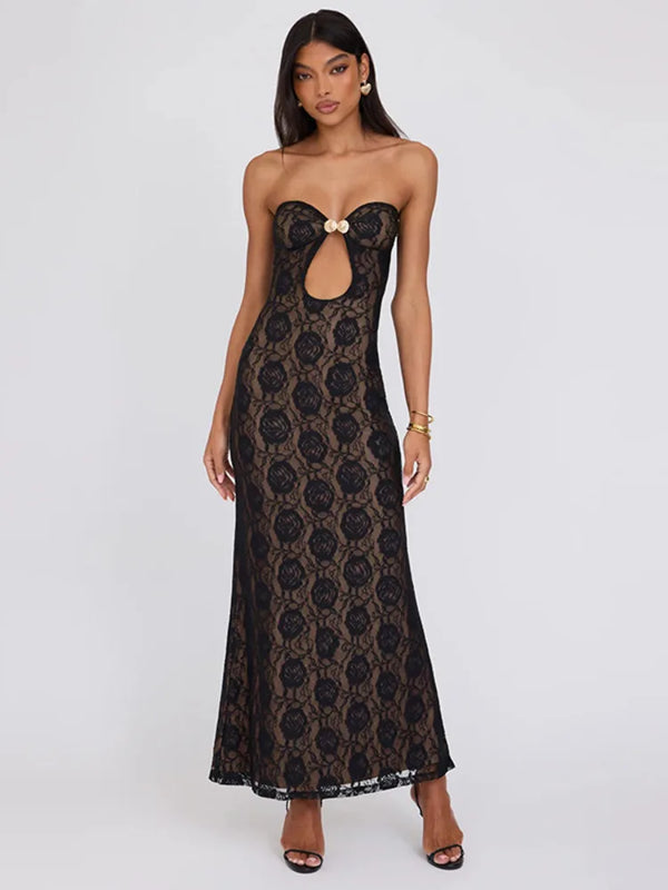 Hollow Out Lace Off-shoulder Strapless Sleeveless Backless Bodycon Maxi Dress Rown