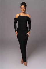 Off-shoulder Long Sleeve Strapless Backless Back Slit Evening Maxi Dress