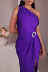 Shiny Brooch Inclined Shoulder Sleeveless Backless Split Maxi Dress