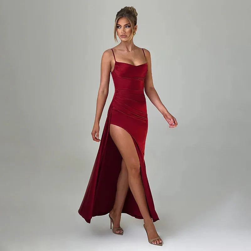 Elegant Satin Split Spaghetti Strap Sleeveless Backless Bodycon Maxi Dress