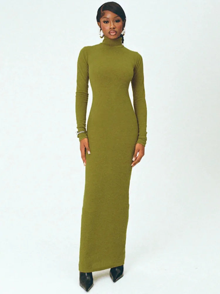 Elegant Turtleneck Long Sleeve Solid Slim Fit High Waist Maxi Dress Seroun