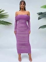 Off-shoulder Long Sleeve Strapless Backless Ruched Maxi Dress