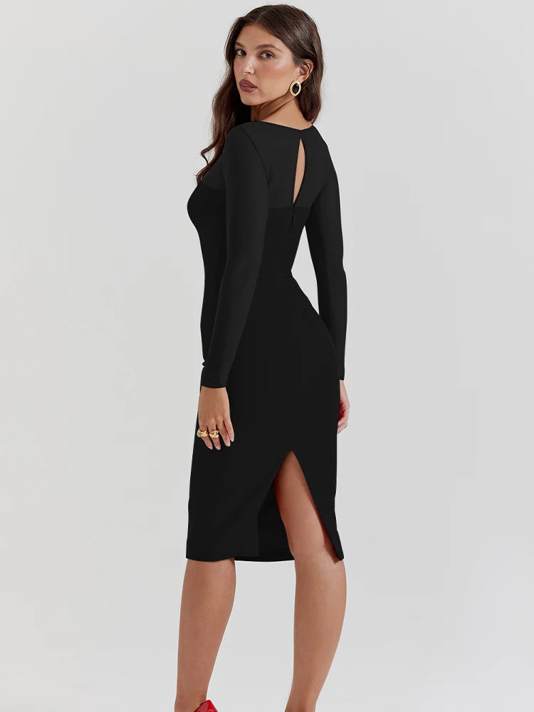 See Through Mesh Patchwork Long Sleeve Midi Dress Rown