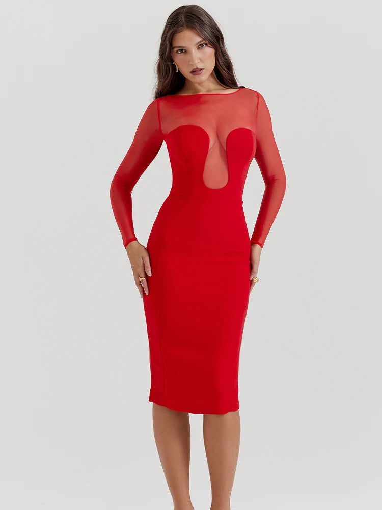 See Through Mesh Patchwork Long Sleeve Midi Dress Rown