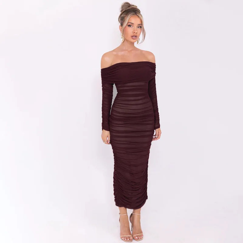 Off-shoulder Long Sleeve Strapless Backless Ruched Maxi Dress