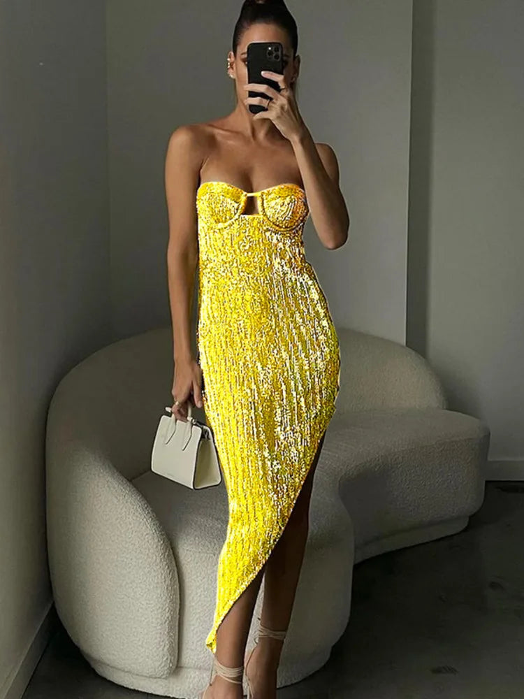 Sequins Gown Shiny Strapless Backless Midi Dress Rown