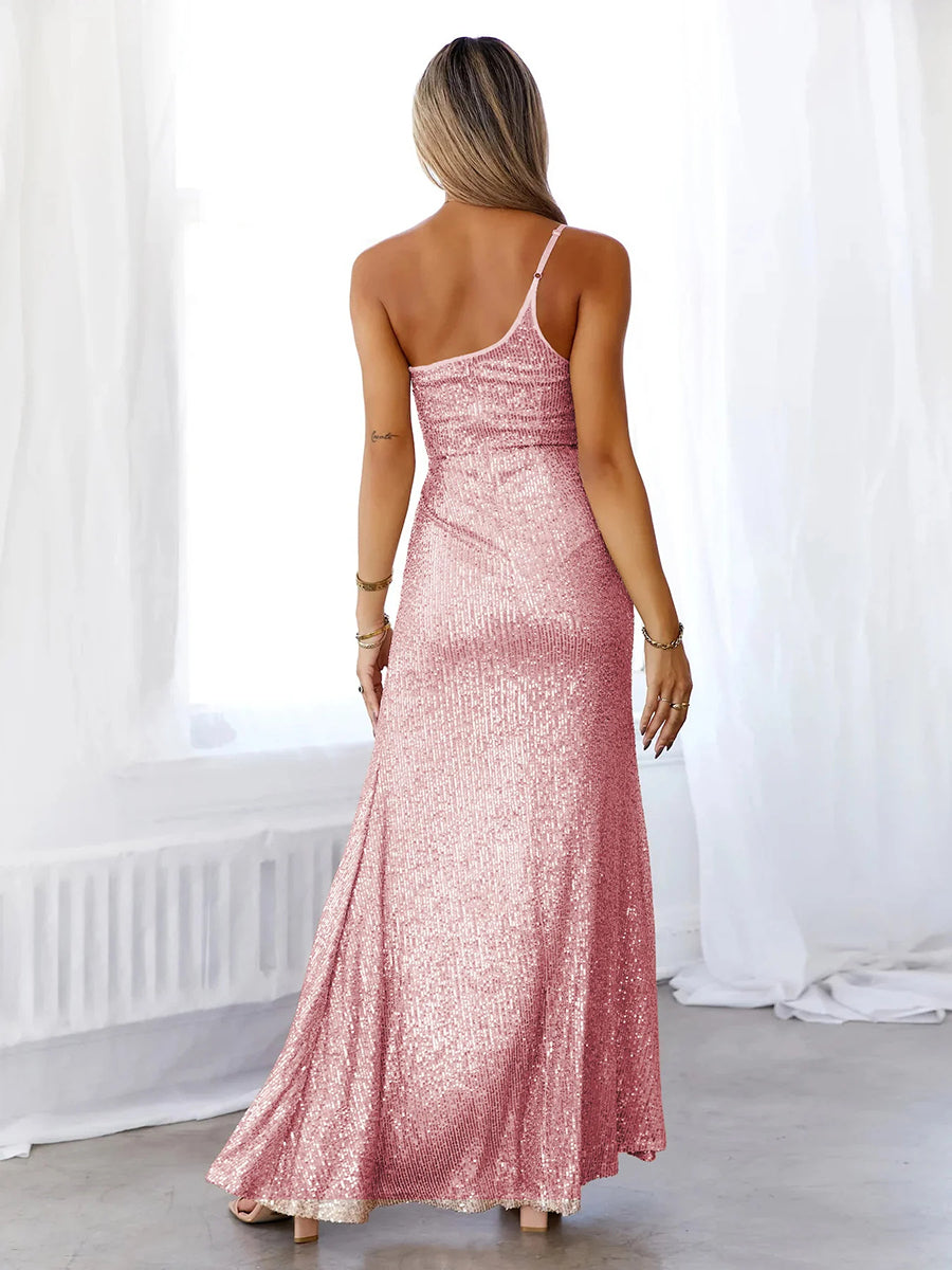 Sequins Oblique Shoulder Split Glitter Maxi Dress Rown