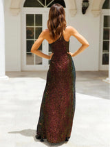 Sequins Oblique Shoulder Split Glitter Maxi Dress Rown