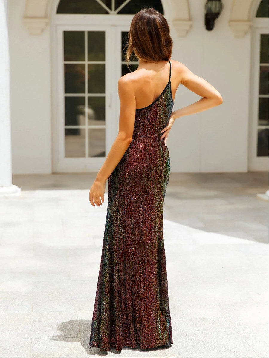 Sequins Oblique Shoulder Split Glitter Maxi Dress Rown