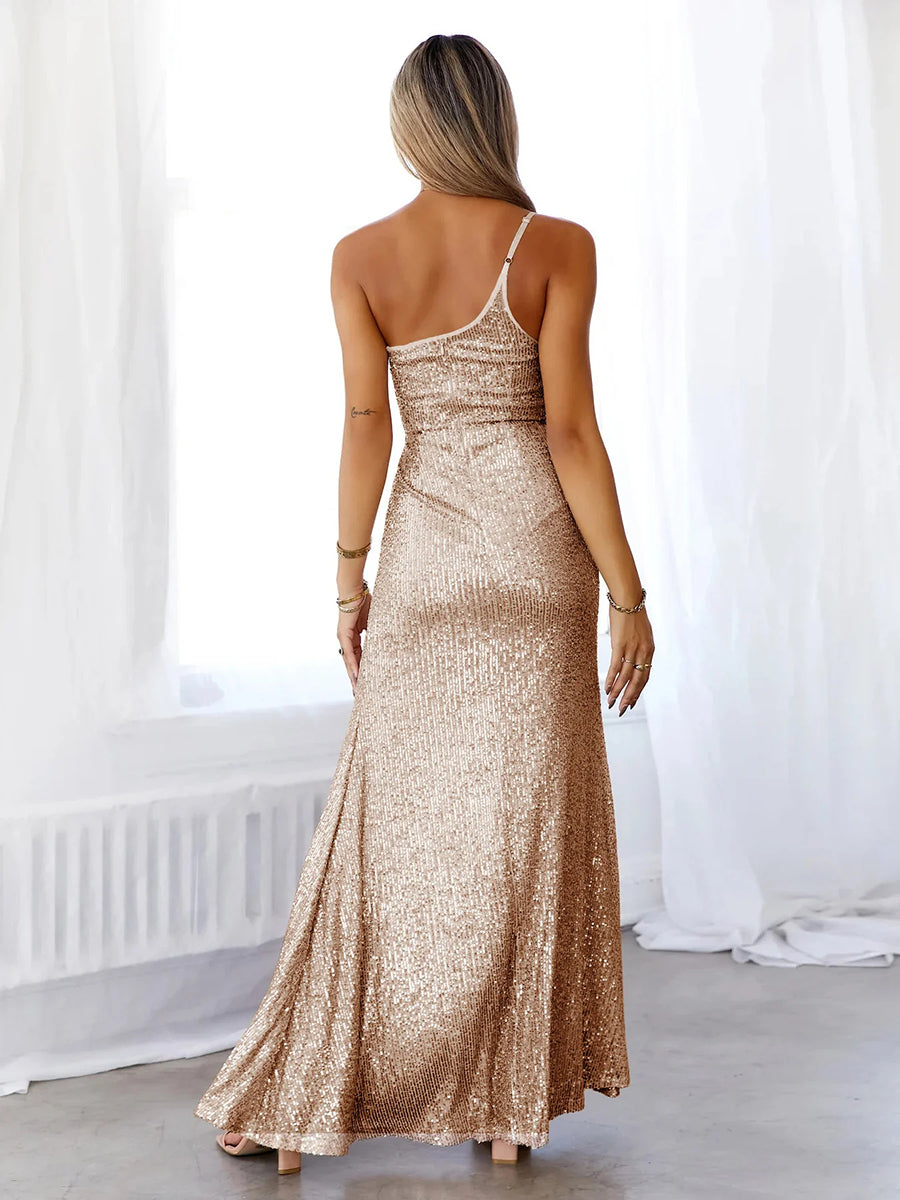 Sequins Oblique Shoulder Split Glitter Maxi Dress Rown