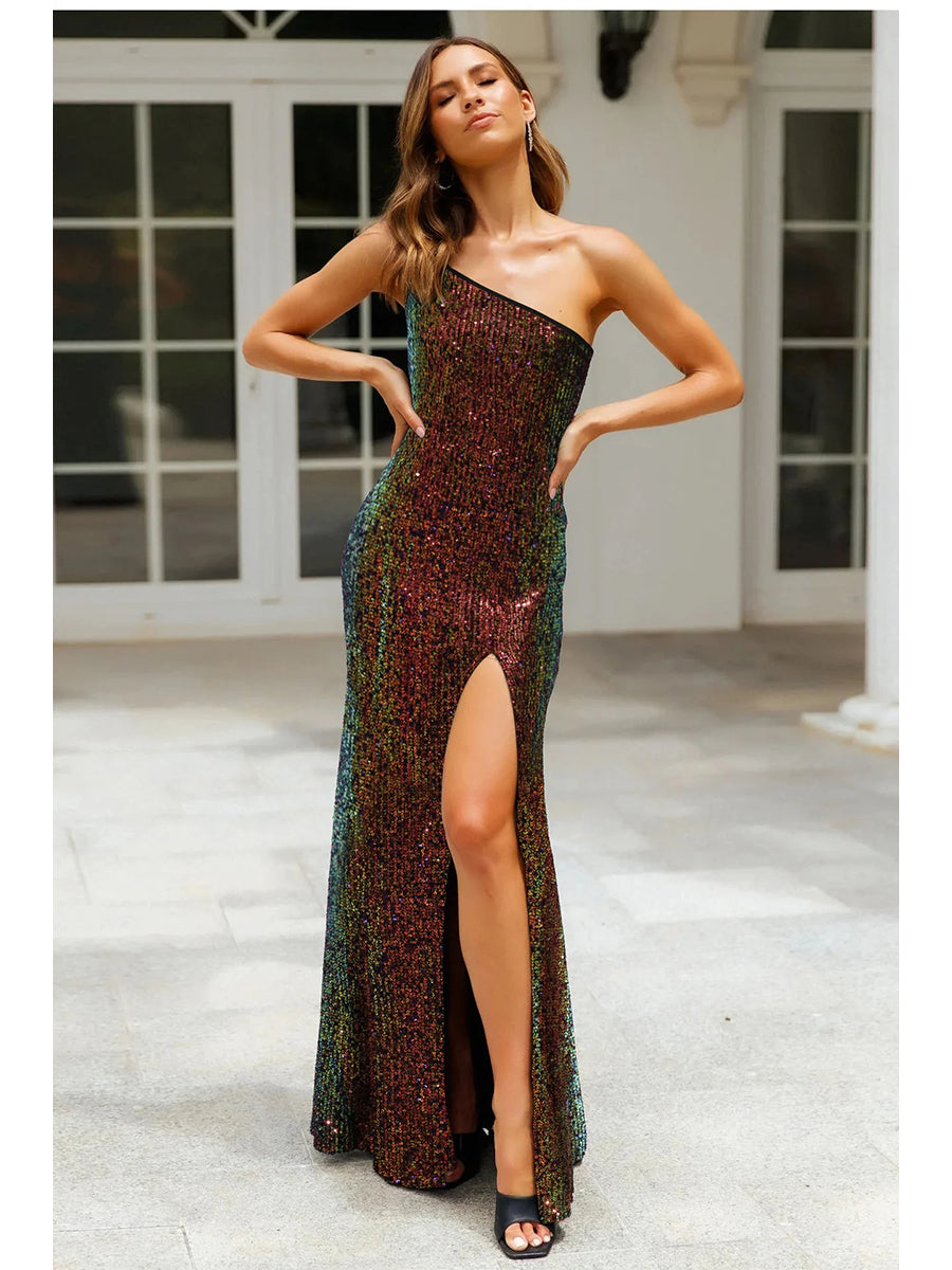 Sequins Oblique Shoulder Split Glitter Maxi Dress Rown