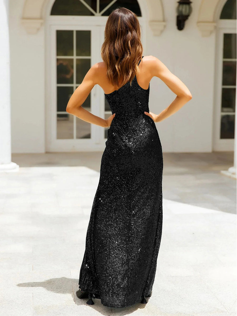 Sequins Oblique Shoulder Split Glitter Maxi Dress Rown