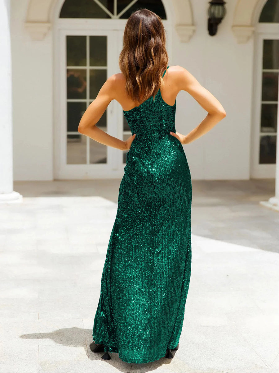 Sequins Oblique Shoulder Split Glitter Maxi Dress Rown