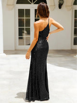 Sequins Oblique Shoulder Split Glitter Maxi Dress - Rown