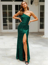 Sequins Oblique Shoulder Split Glitter Maxi Dress - Rown