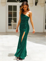 Sequins Oblique Shoulder Split Glitter Maxi Dress - Rown