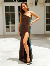 Sequins Oblique Shoulder Split Glitter Maxi Dress - Rown