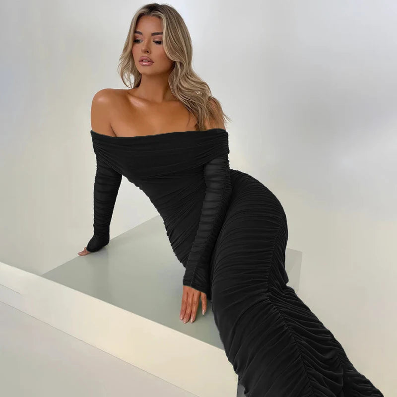 Off-shoulder Long Sleeve Strapless Backless Ruched Maxi Dress