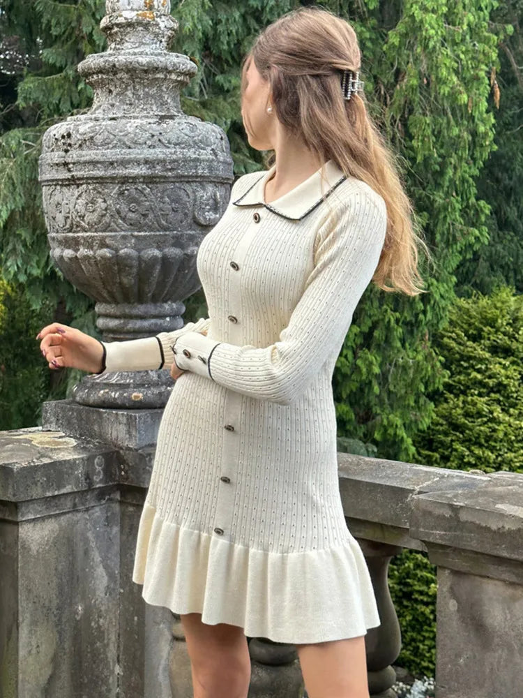 Long Sleeve Lapel Single-Breasted Button Ruffled Knit Mini Dress Seroun