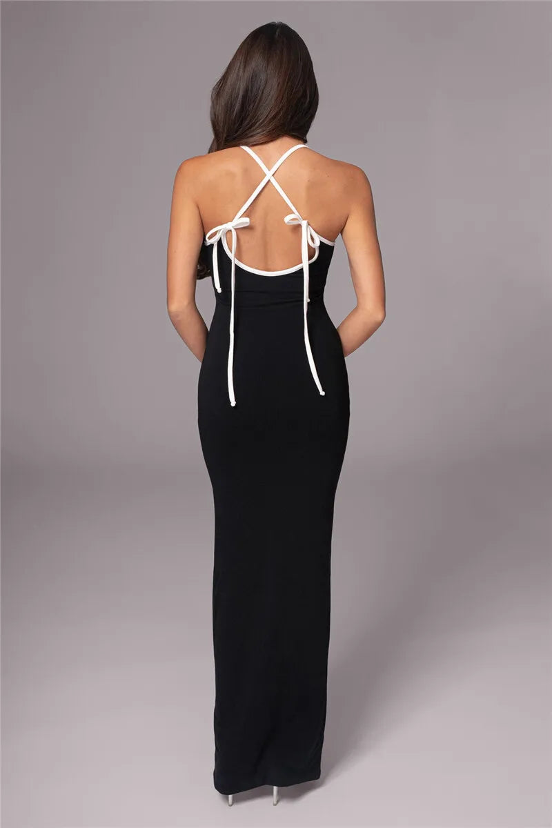 Spaghetti Strap Lace-up Sleeveless Backless Bodycon Evening Maxi Dress Seroun