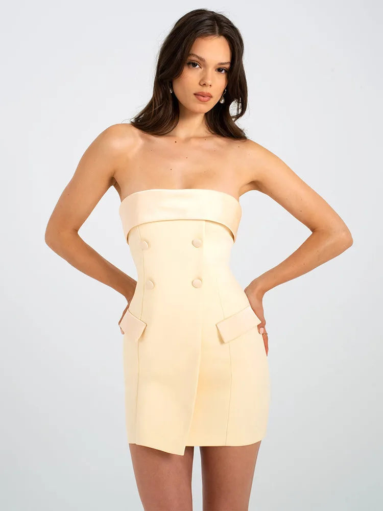 Off-shoulder Strapless Two Pocket Backless Slim Mini Dress