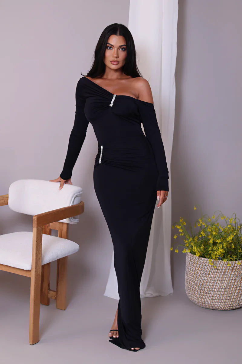 Diagonal Collar Long Sleeve Sparkle Backless Ruched Maxi Dress