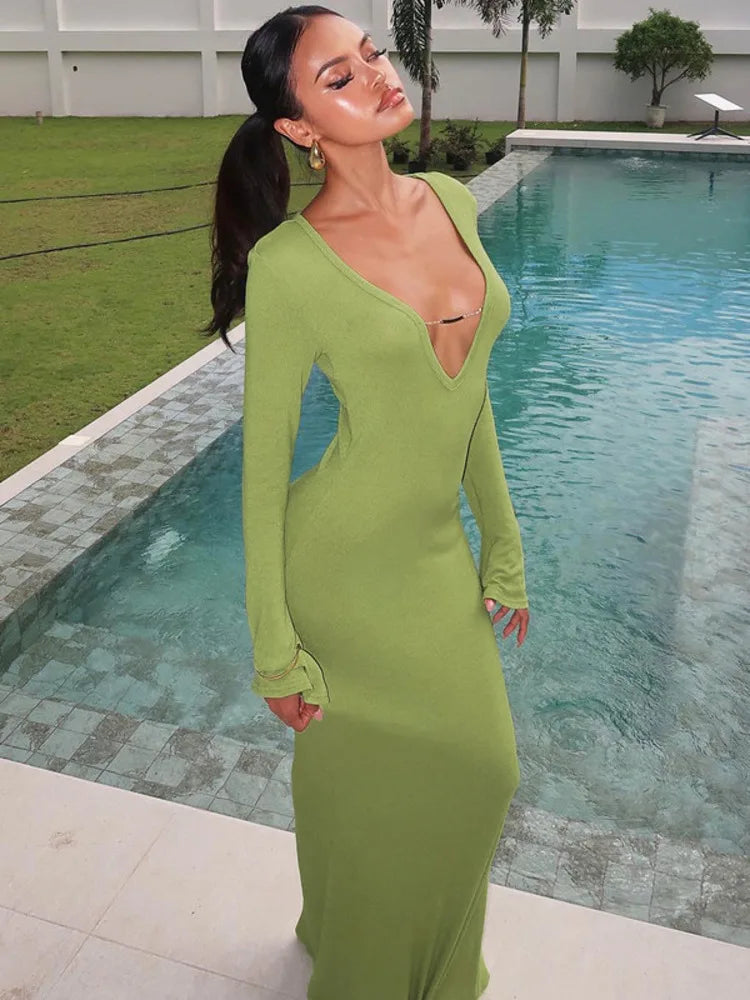 V Neck Long Sleeve Green Slim Fit Fishtail Maxi Dress