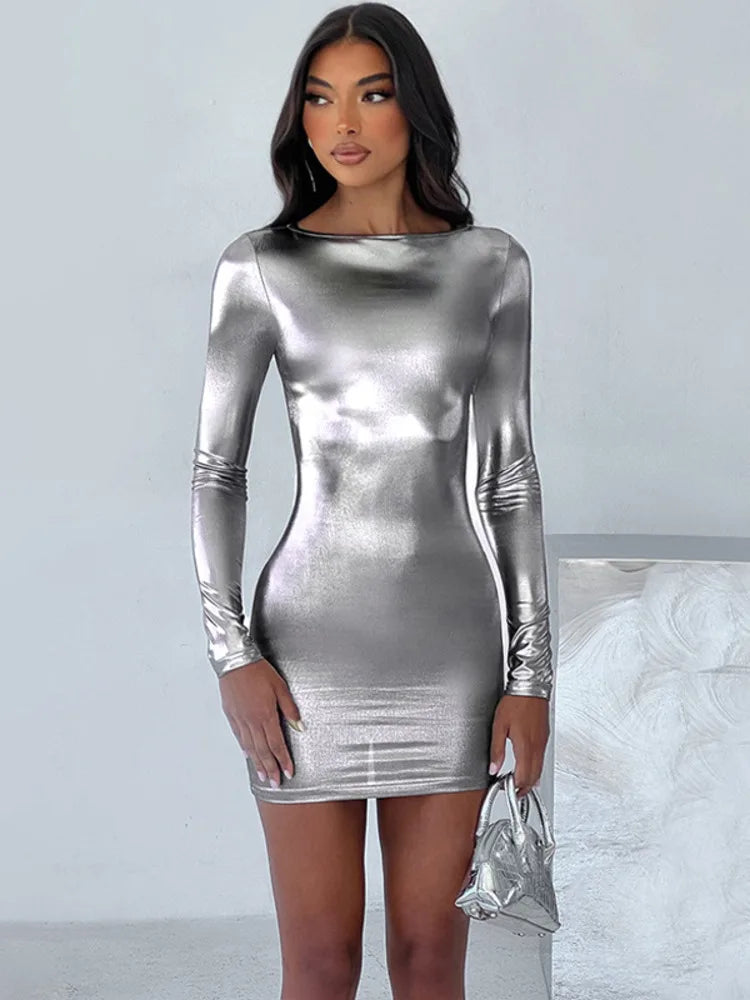 Shiny Long Sleeve Skinny O Neck Bodycon Mini Dress Rown