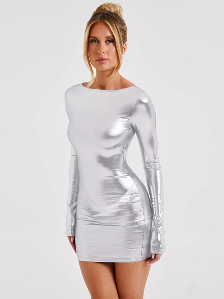 Shiny Long Sleeve Skinny O Neck Bodycon Mini Dress Rown