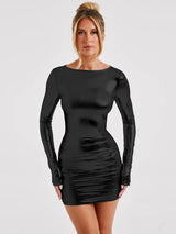 Shiny Long Sleeve Skinny O Neck Bodycon Mini Dress - Rown