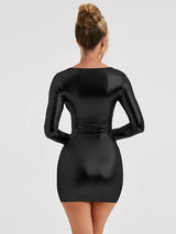 Shiny Long Sleeve Skinny O Neck Bodycon Mini Dress - Rown