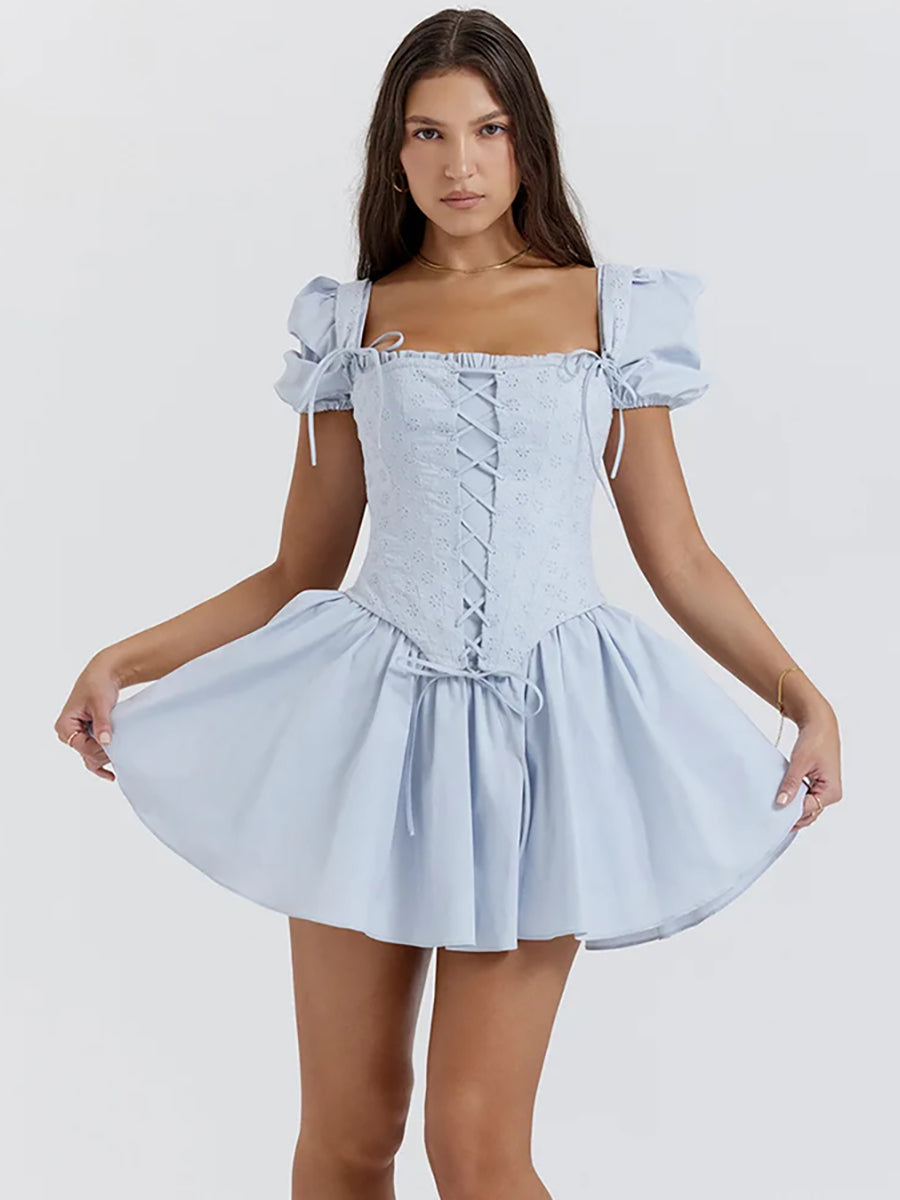 Short Puff Sleeve Backless Pleated Mini Dress Rown