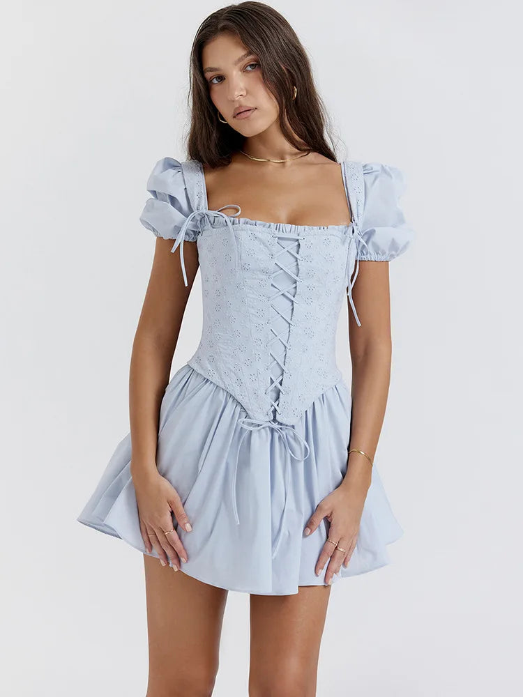 Short Puff Sleeve Backless Pleated Mini Dress Rown