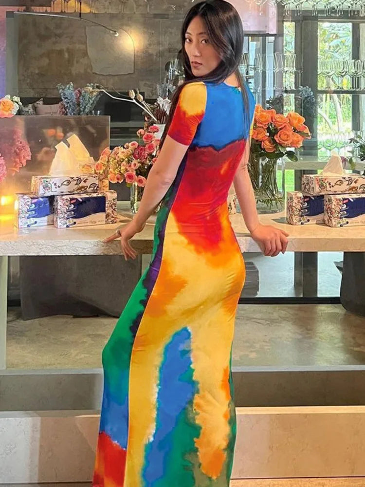 Short Sleeve Tie Dye Print Bodycon Maxi Dress Rown