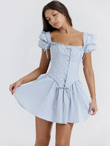 Short Puff Sleeve Backless Pleated Mini Dress - Rown