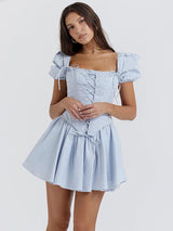 Short Puff Sleeve Backless Pleated Mini Dress - Rown