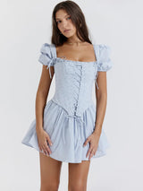 Short Puff Sleeve Backless Pleated Mini Dress - Rown