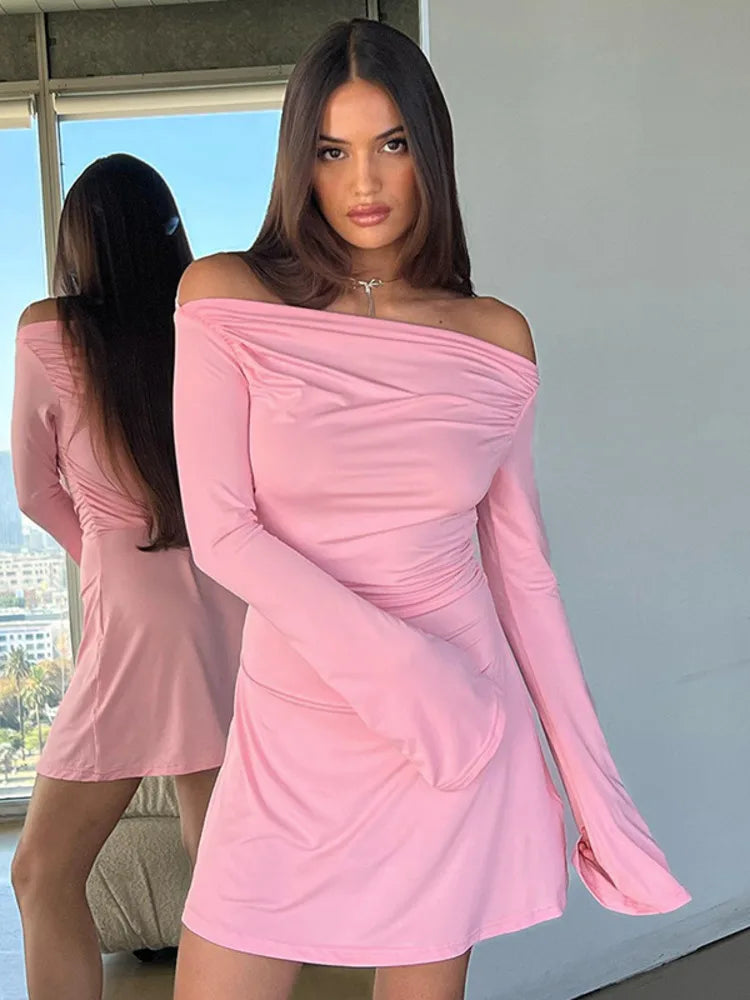 Slash Neck Ruched Pink Mini Dress Rown