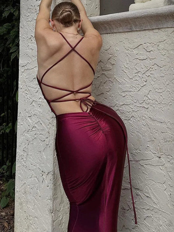 Sleeveless Lace-up Backless Bodycon Maxi Dress Rown