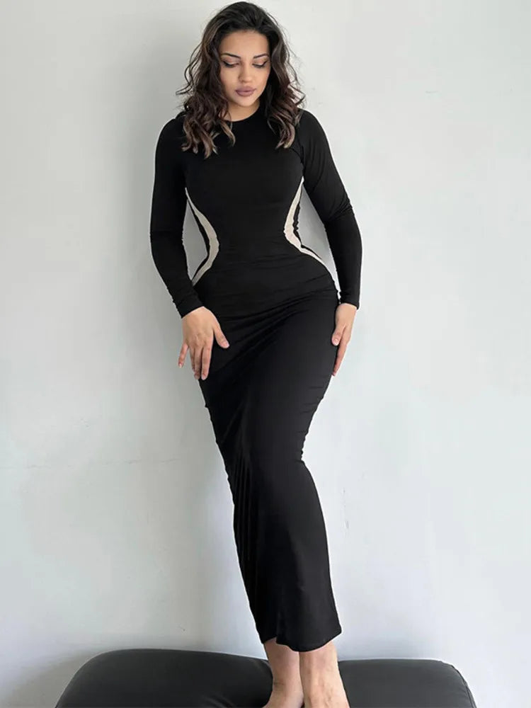 Slim Bodycon O-Neck Longsleeve Maxi Dress Rown