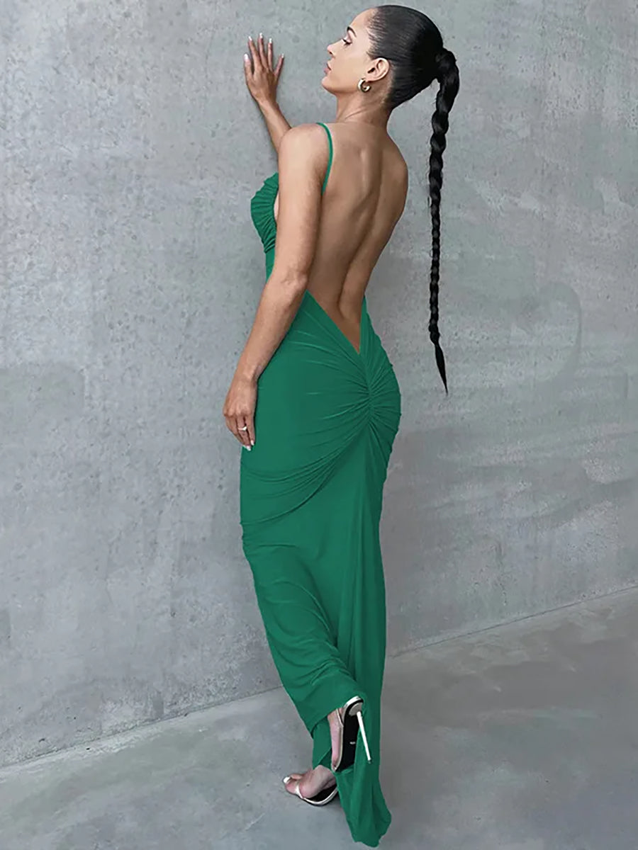 Spaghetti Strap Backless Ruched Maxi Dress Rown