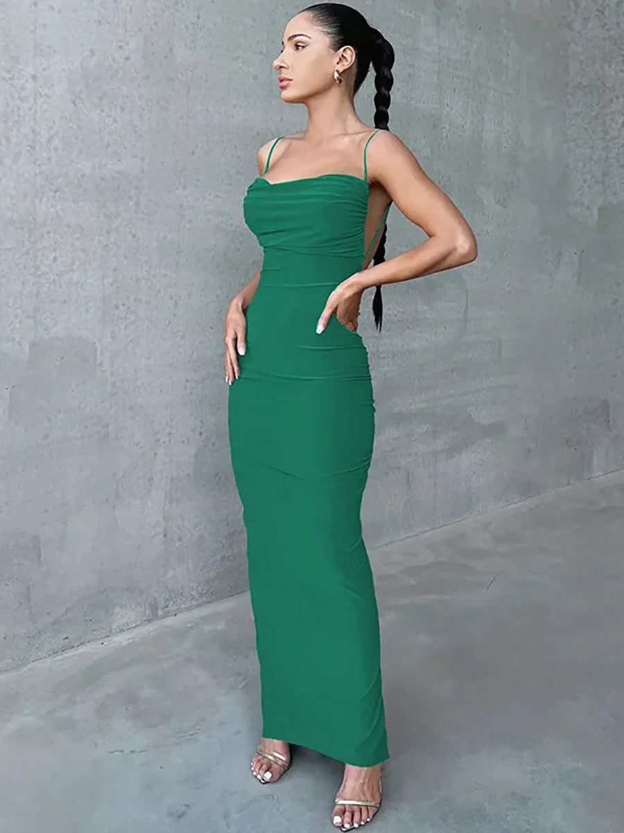 Spaghetti Strap Backless Ruched Maxi Dress Rown