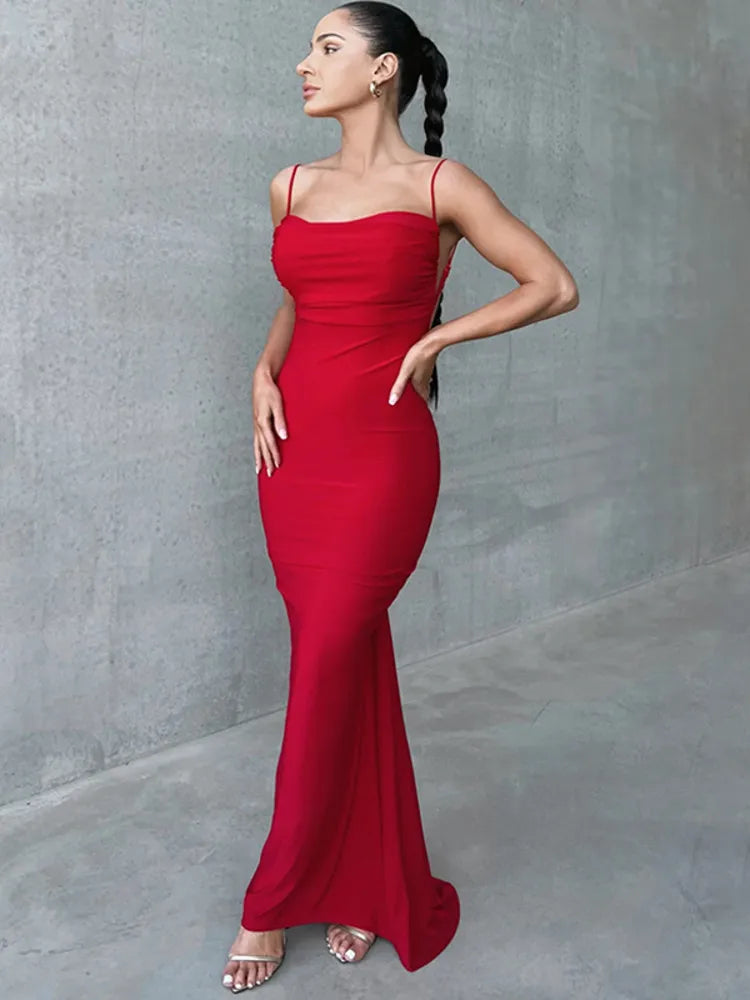 Spaghetti Strap Backless Ruched Maxi Dress Rown