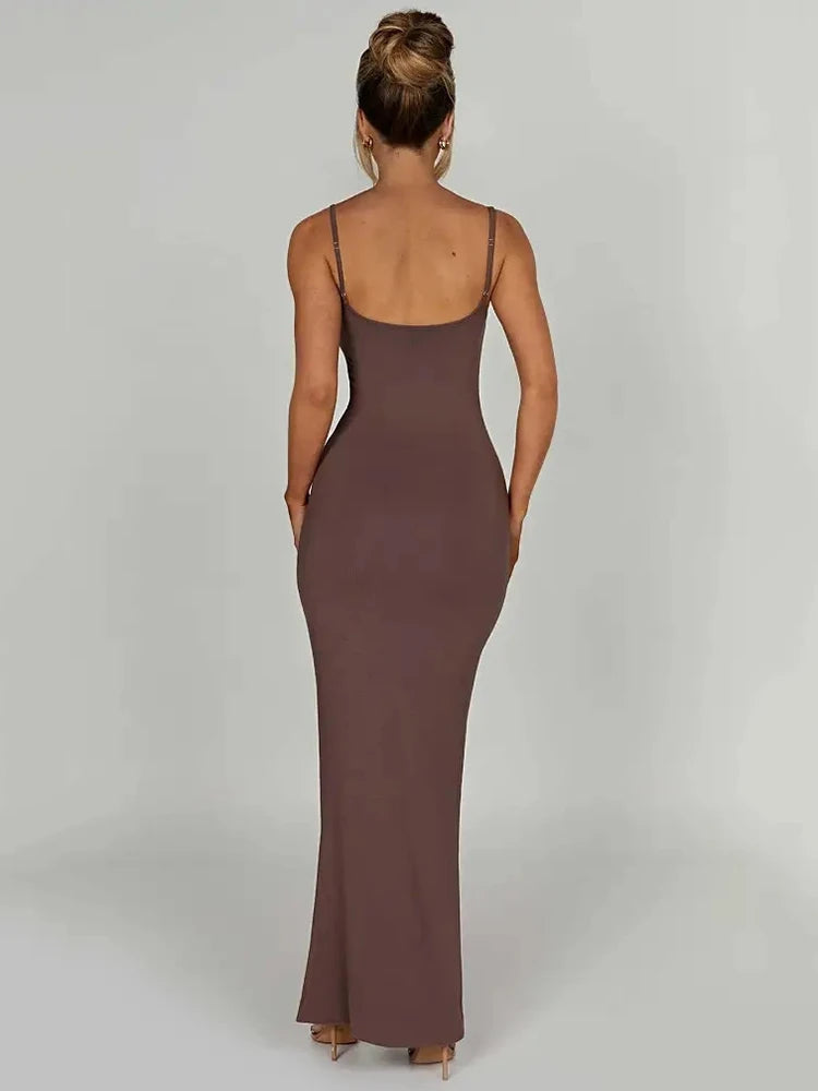 Spaghetti Strap Backless Thickened Fabric Maxi Dress Rown