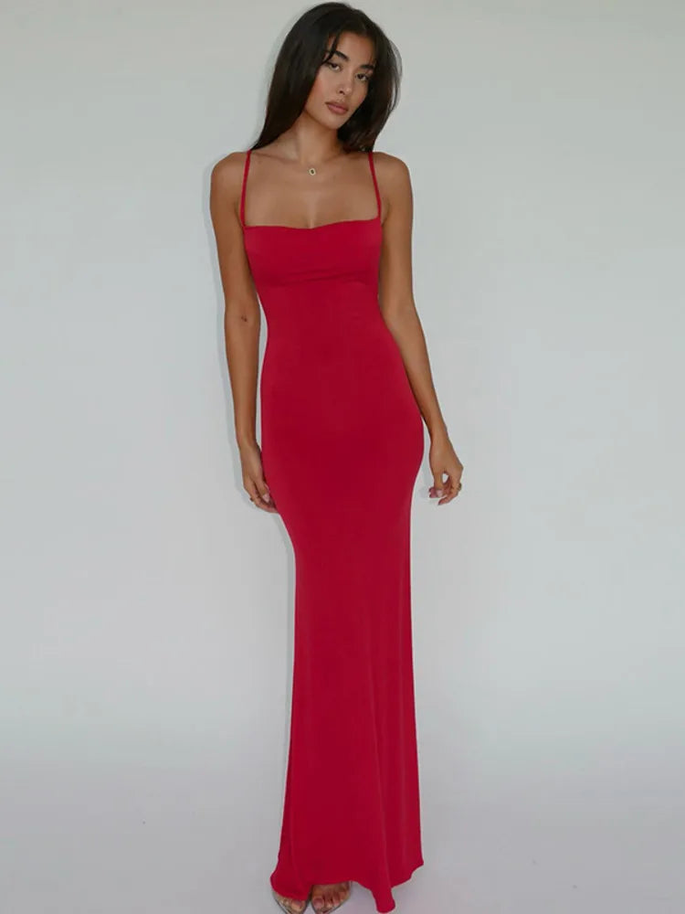 Spaghetti Strap Beach Bodycon Backless Maxi Dress Rown