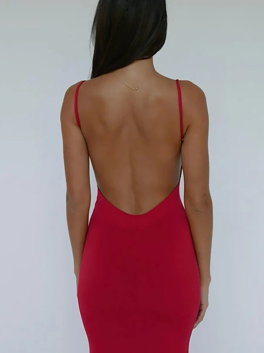 Spaghetti Strap Beach Bodycon Backless Maxi Dress Rown