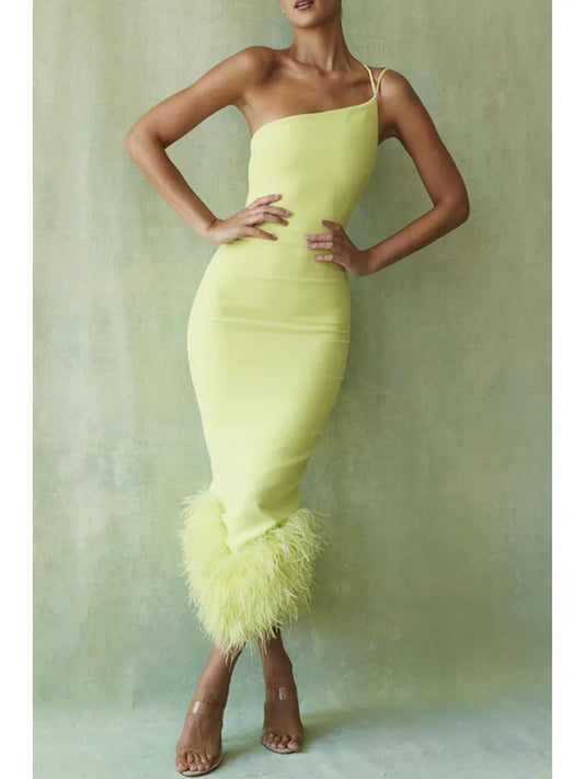 Spaghetti Strap Feather Backless Bodycon Midi Dress Rown