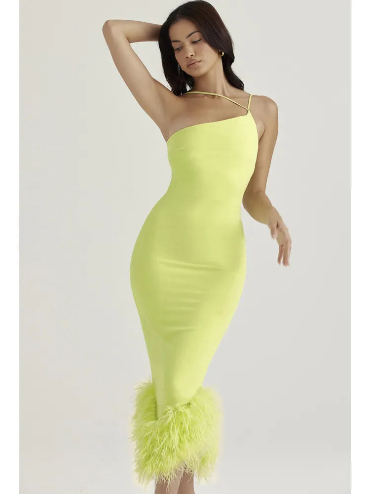 Spaghetti Strap Feather Backless Bodycon Midi Dress Rown