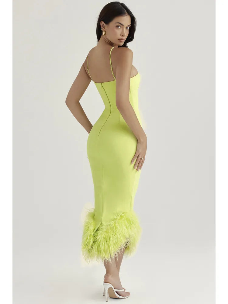 Spaghetti Strap Feather Backless Bodycon Midi Dress Rown