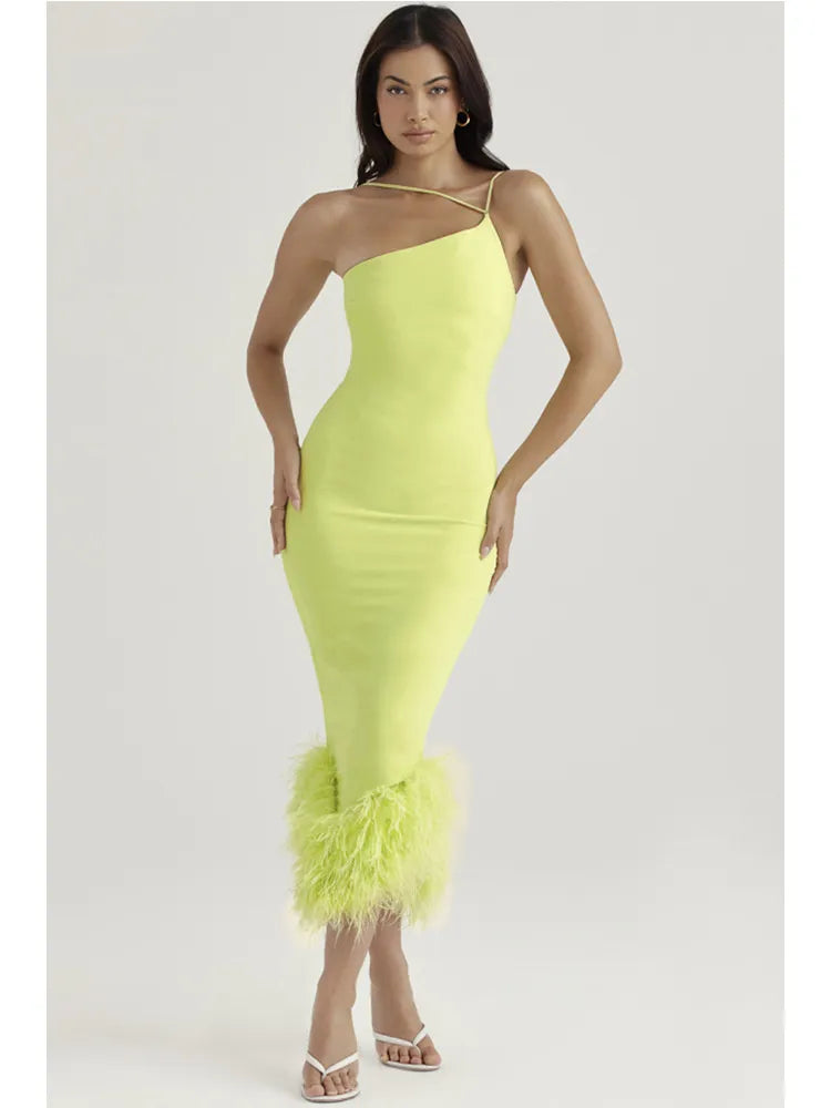 Spaghetti Strap Feather Backless Bodycon Midi Dress Rown